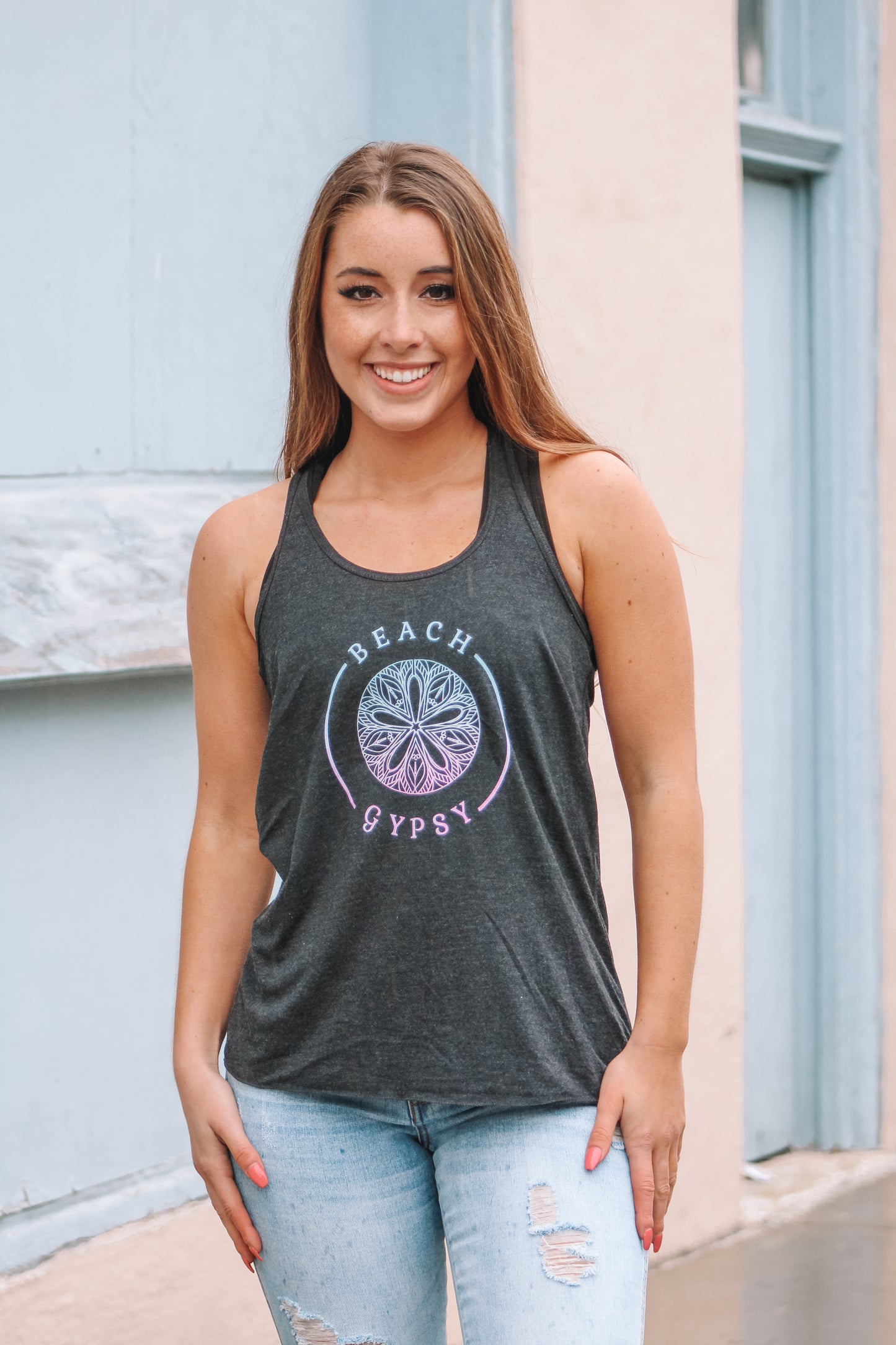charcoal tank top with Beach Gypsy logo