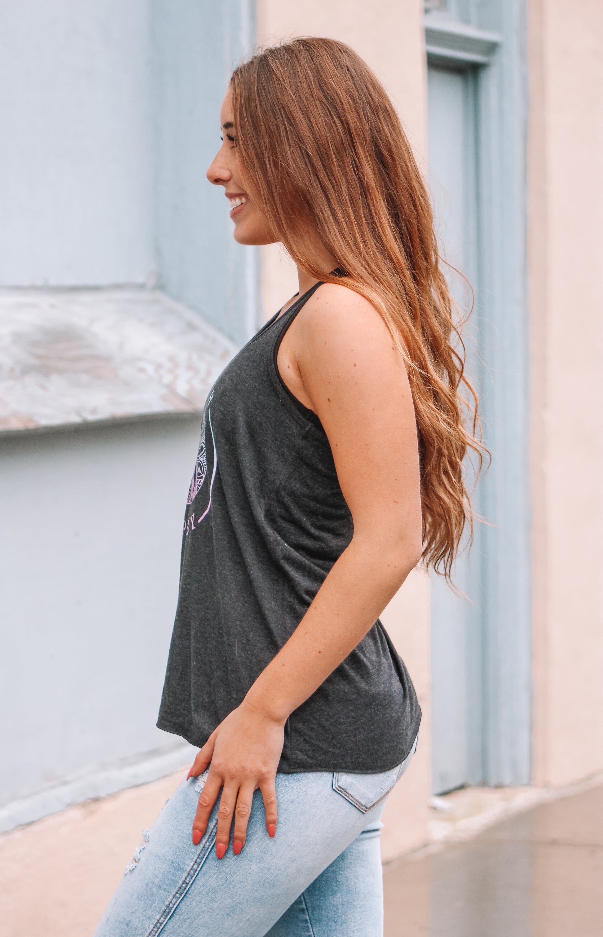 charcoal tank top with  Beach Gypsy logo