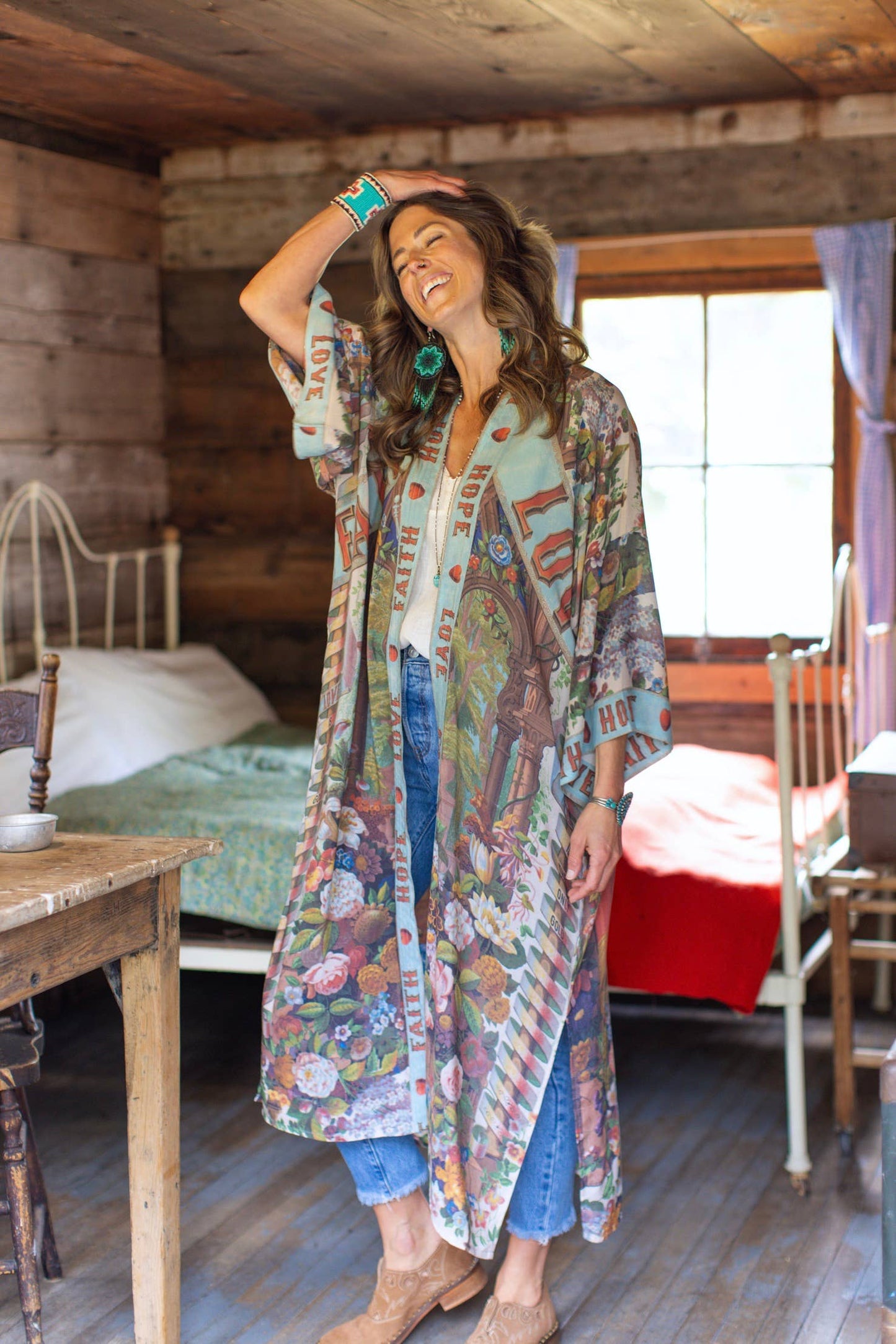 Love Language Printed Long Duster Bamboo Kimono Robe