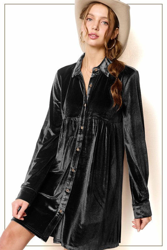 Button Front Velvet Dress