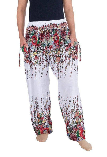 Harem Pants Boho Smocked Waist w/ Pockets - Flower Print