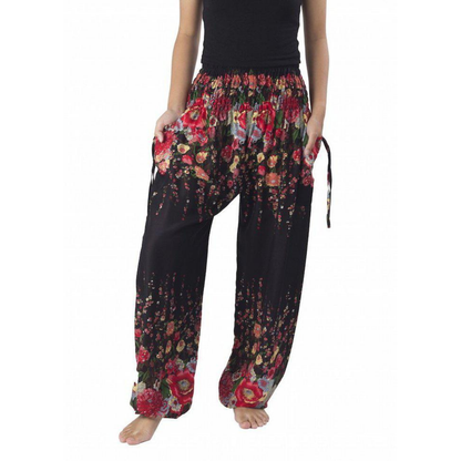 Harem Pants Boho Smocked Waist w/ Pockets - Flower Print