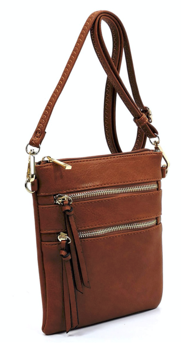 crossbody bag with zippers brown color