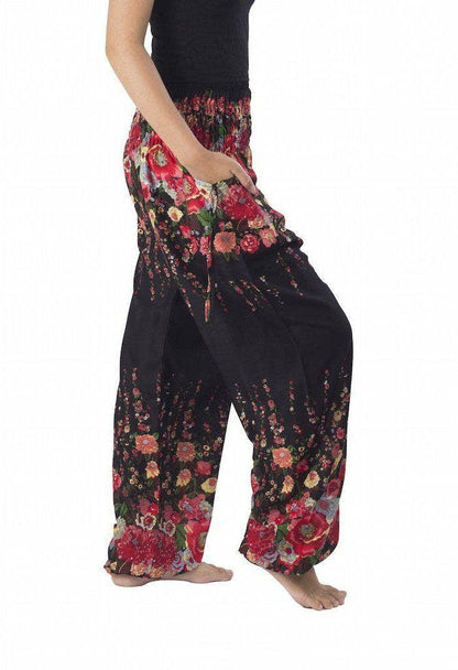 Harem Pants Boho Smocked Waist w/ Pockets - Flower Print