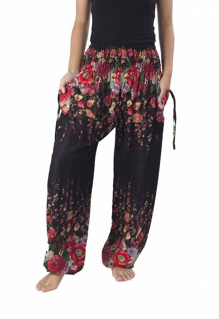 Harem Pants Boho Smocked Waist w/ Pockets - Flower Print